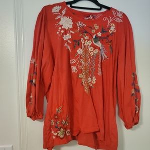 Johnny Was Cotton Embroidered Shirt in Pinkish Red.  Size XXL